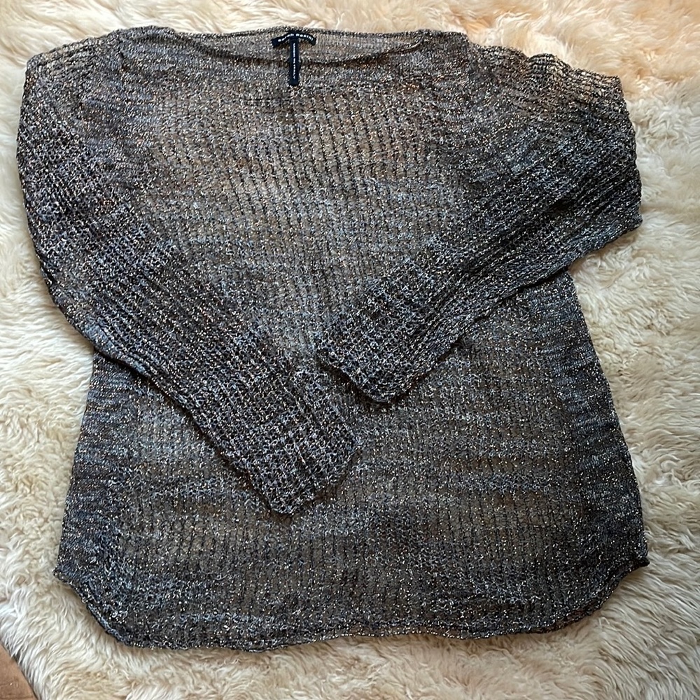 Sarah Pacini open knit taupe sweater with bronze metallic thread